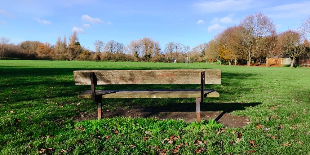 Park bench in Warren Avenue Playing Fields, Bromley, December 2020