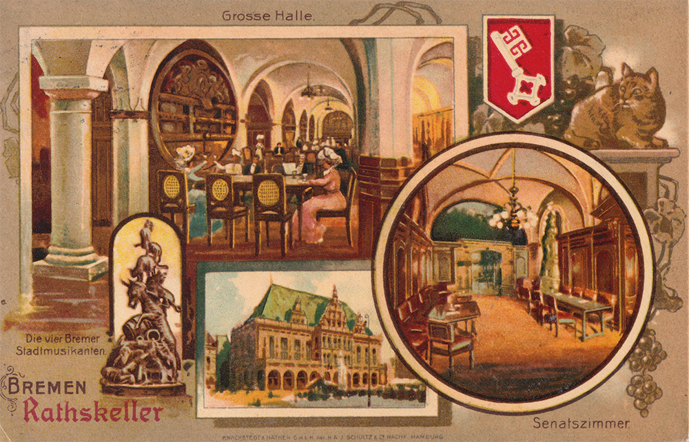 Postcard showing views of the wine cellar of Bremen town hall