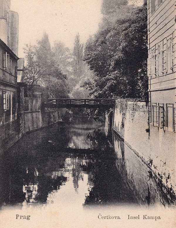 Sepia postcard of the Čertovka canal in Prague
