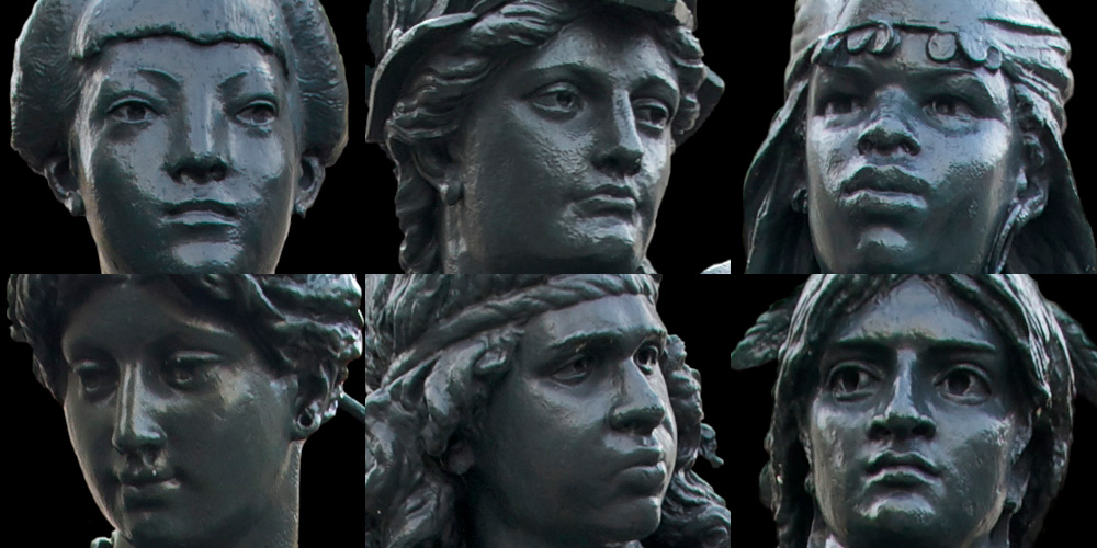Composite of photographs of the statues of the six continents at the Musée d'Orsay