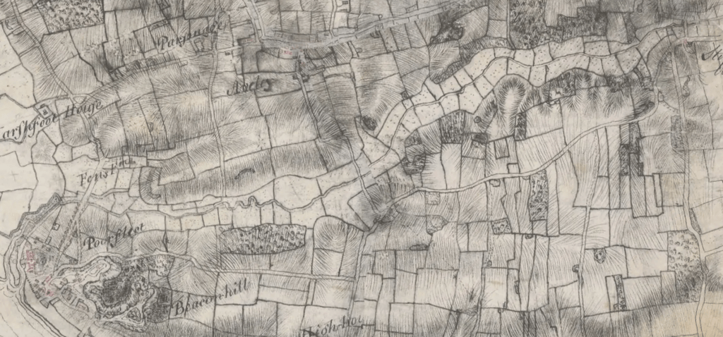 Excerpt of a 1799 map showing the course of the Mardyke towards Purfleet